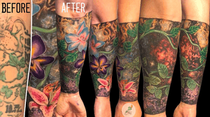 Coverup of a half sleeve before on the left and after on the right! #coverup #outerspace #spacetattoo #space #tattoo #tattoos #color #orchids #tigerlilly #orchid #realism #colortattoo #manhattan #manhattantattoos #newyorkcity 