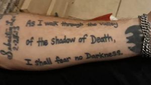 Custom Poem Tattoo on J. Allbrook's Left Forearm. I also did the Batman Symbol and fixed the details on the Names/Dates.