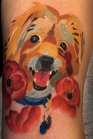 Mosaic watercolor style dog portrait w/poppies.  