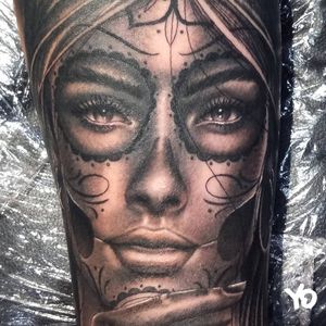 Black and grey realism mexican style tattoo portrait.