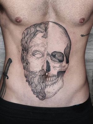 "Half and half"#fineline #finelinetattoo #surrealism #illustration #blackworktattoo #linework #seppetattoo #skulls #skulltattoo #skull 
