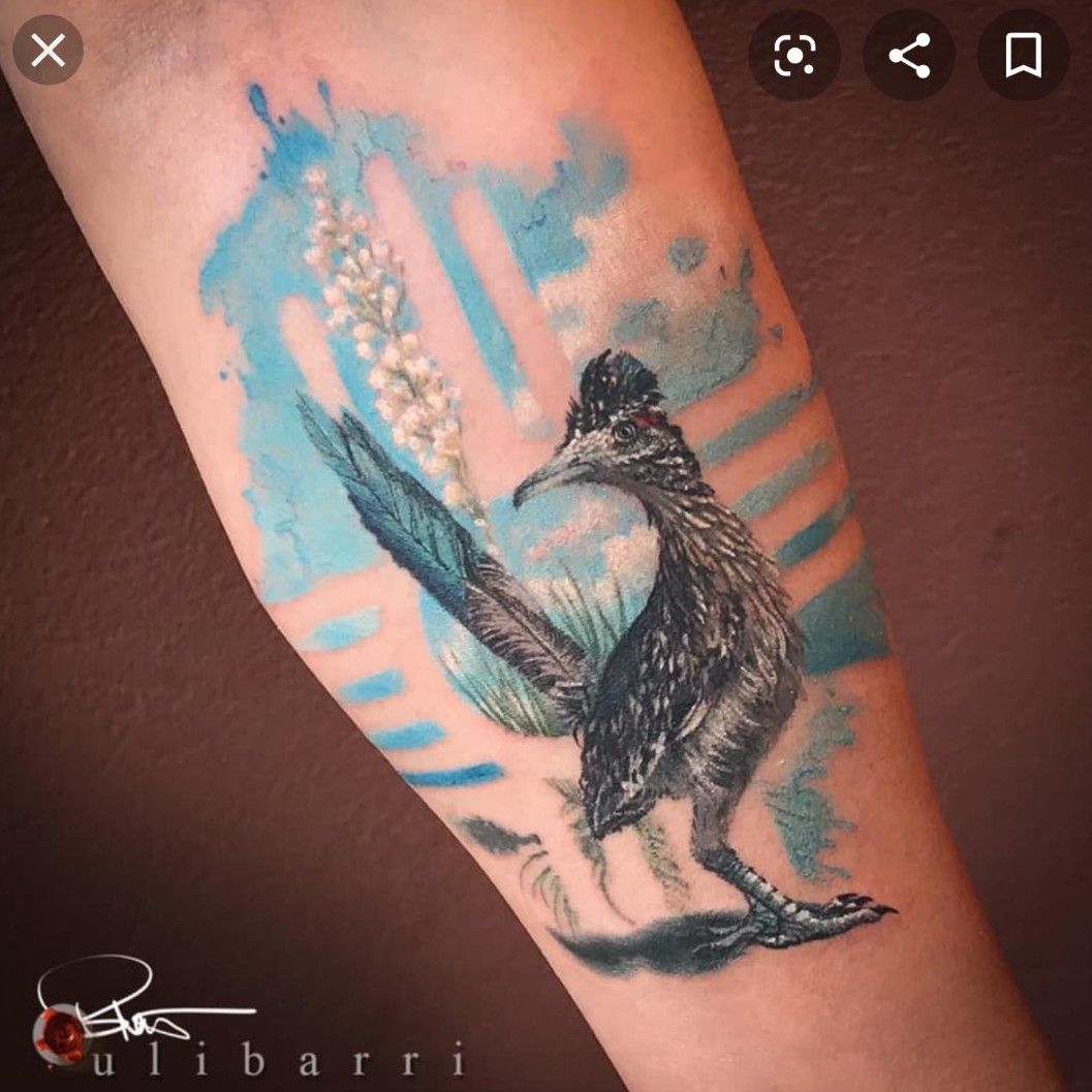 Traditional Roadrunner by Emma Bagley at Shrine Tattoo in Santa Fe NM  r tattoos