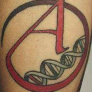 Atheist Logo, DNA Double Helix to mark DNA Day April 25th 2003 with colors of the Palestinian flag