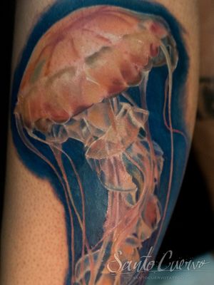Get mesmerized by Alex Santo's intricate realism jellyfish tattoo on your lower leg. Dive into oceanic vibes with this stunning design.