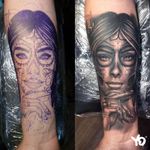 Black and grey realistic mexican style tattoo. Stencil and tattoo.