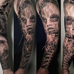 Warrior, Lady & Skull Surrounded by a smoke effect  full sleeve tattoo in black and grey realism, London, UK | #blackandgrey #realistic #tattoos