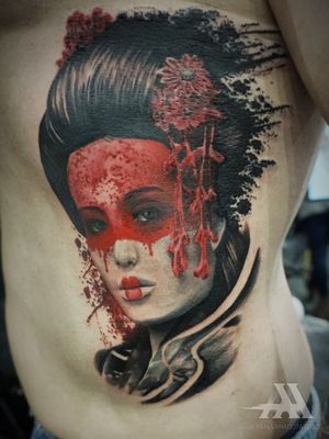 Experience the beauty of a geisha in stunning watercolor realism. By artist Alex Santo. Perfect for rib placement.