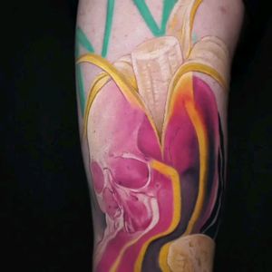 Healed.Liquid skull/banana milkshake tattoo by Sergei Jaer....jaer.booking@gmail.com...#tattoo #colortattoo #tattooart #jaertattoo #liquidtattoo 