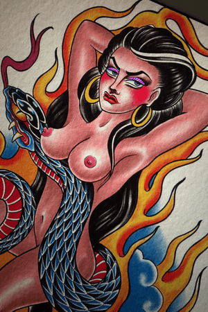 You could get a tattoo like this. Or you could look at it hanging on the wall and say oh that’s a bit mad. #pinup #pinuptattoo #pinupgirl #pinupmodel #sailorjerryflash #snake #snaketatt #snaketattoos #traditionaltattooart #tradtatts #traditionaltattoos #skulltattoo #dublin #dublintattoo #dublintattooartist #dublintattoostudio