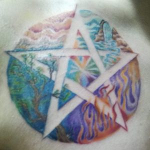 Earth, Wind, Water, Fire and spirit pentagram tattoo