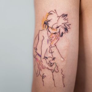 Basquiat tattoo by Pauline of Studio by Sol #Pauline #StudiobySol #illustrative #Basquiat #fineart #cat #portrait #arm #color 