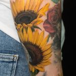 Beautiful sunflower tattoo on forearm by artist Alex Santo, blending realism and watercolor styles.