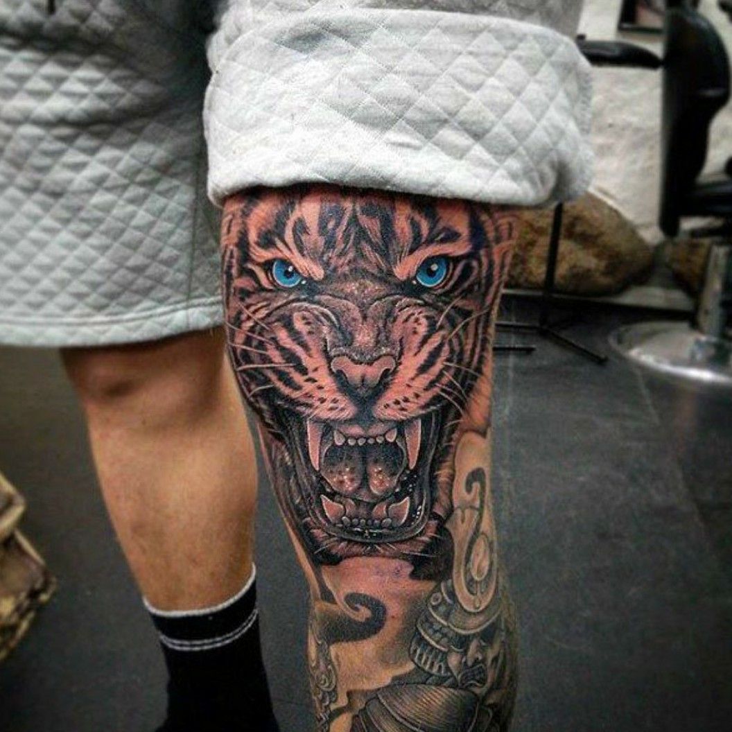Weed Tiger on my knee by Mike Hooligan at Kadillac Deuce Tattoo  Animal  Tattoos  Last Sparrow Tattoo