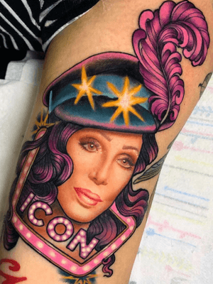 Neo trad twist on this portrait of Cher by @sammysurjaytattoo