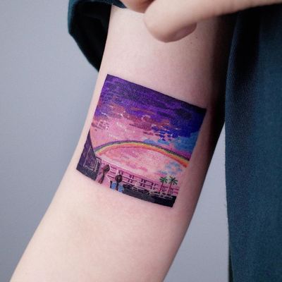 The Florida Project - movie tattoo by SooSoo of Studio by Sol #SooSoo #StudiobySol #Seoul #Seoultattooartist #Koreantattooartist #Korea #movietattoo #rainbow #landscape #sky #arm #color 