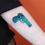 Gun tattoo by SooSoo of Studio by Sol #SooSoo #StudiobySol #Seoul #Seoultattooartist #Koreantattooartist #Korea #color #gun #arm 