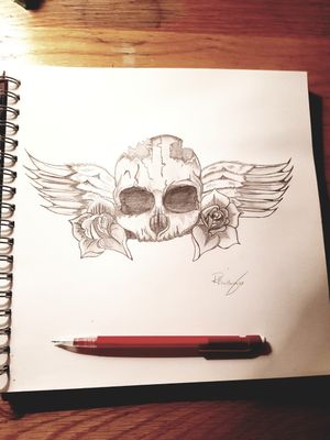 Skull and wings, black and white. Drawn by myself