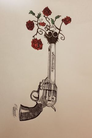 Customised gun shooting Rose's and semi colon, designed for a friend, drawn by myself freehand