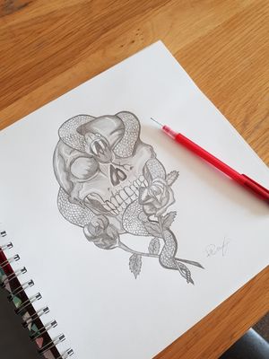 Skull and snake art, black and white design. Designed by myself