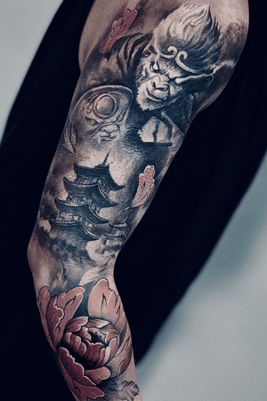 The Monkey king sleeve tattoo by Faisal Al-lami @tattoo.sal #sleevetattoo #blackandgreytattoo #inked #monkeyking 