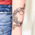 Half Moon Decorative Floral Tattoo by Kirstie Trew • KTREW Tattoo • Birmingham, UK 🇬🇧 #halfmoontattoo #decorativetattoo #blackworktattoo #linework #fineline #birminghamuk