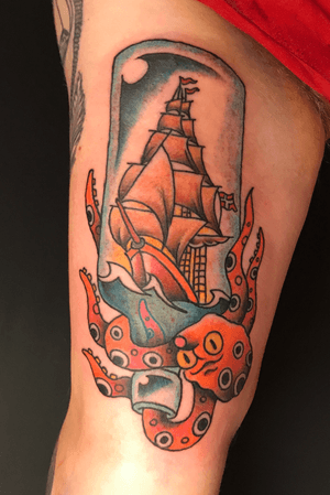 Bottle ship with octopus on inner arm. Done at Lowbrow Tattoo Copenhagen 