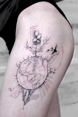 Earth fine line sketch tattoo