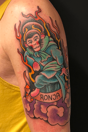 Cheeky Monkey on arm. Done at Lowbrow Tattoo Copenhagen 