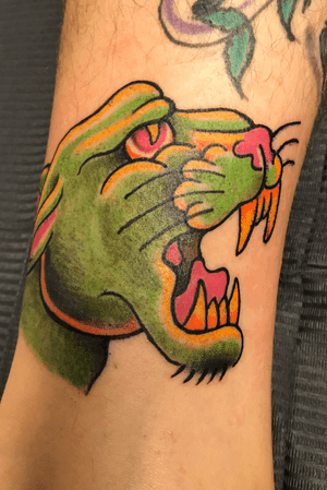 Wonky green panther.... :-) Wonky cats are fun. Done at Lowbrow Tattoo Copenhagen 