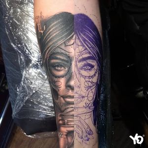 Tattoo vs stencil, black and grey realistic tattoo. Day of the dead girl.
