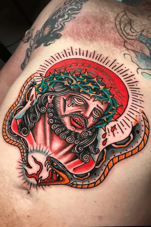 #jesus and #snake done at Hot Stuff Tattoo. Email chuckdtats@gmail.com for info. 