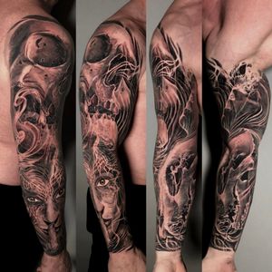 Skull andd a woman asking for silence surrounded by smoke full sleeve tattoo, London, UK | #blackandgrey #realistic #tattoo #fullsleeve