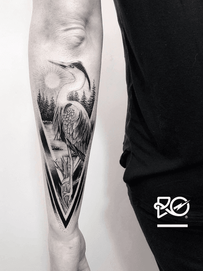 By RO. Robert Pavez • Blue Heron • Done in studio Chronicink • 2019 #engraving #dotwork #etching #dot #linework #geometric #ro #blackwork #blackworktattoo #blackandgrey #black #tattoo #fineline