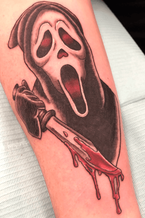 Ghost face tattoo on arm. Time was about 2 hours