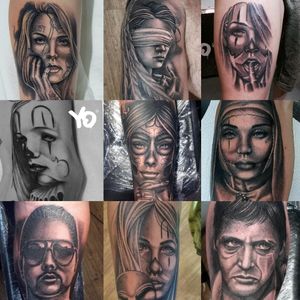 Mix of different black and grey realistic tattoo portraits.