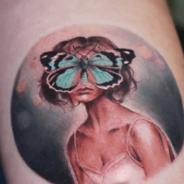 Tattoo by Nina Richards #NinaRichards #realism #surrealistic #portrait #girl #butterfly #blue #dream #painting 