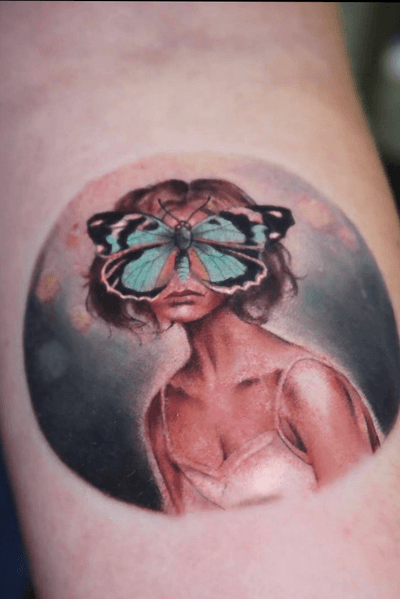 Tattoo by Nina Richards #NinaRichards #realism #surreal #portrait #girl #butterfly #blue #dream #painterly 