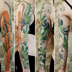 Japanese Irezumi Sleeve. Bamboo, Finger Waves, Wind Bars, done at Holy Tiger Tattoo, Private Studio, Caluire et Cuire, Lyon, France.