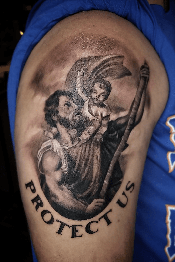 St Christopher tattoo by Steve Toth  St christopher tattoo Leg sleeve  tattoo Tattoo art drawings