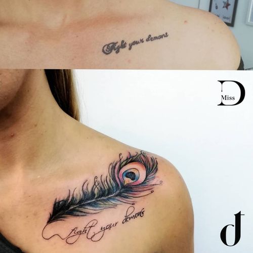 Peacock feather to cover an old poor lettering (not done by me!) Don't give up on your old tattoos... There's always a way!! 🖤🖤🦚🦚🦚🖤🖤 #missD #missDtattoos #missDtattoo #lovethedot #thedottattooboutique #coverup #cover #coveruptattoo #coverups #covertattoo #coverupneeded #covered #peacock #peacocktattoo #peacockfeather #peacockfeathertattoo #feather #feathertattoo #feathertattoos #colortattoo #sexytattoo #tattooedladies #tattooideas #inkedgirls #inkedgirlz #neasmirni #neasmyrni #Athens #Greece #femaletattooartist #femaletattooer #femaletattooist 