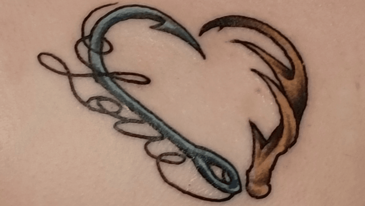 Tattoo uploaded by Jodie Sandoval • His and Hers matching tattoo 🖤 I love  you so much baby! #rhec #antler #fishhook #matching #country #love #hook •  Tattoodo