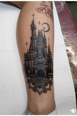 Black castle tattoo with mandala, dark theme tattoos.
