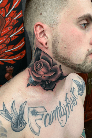 Black and grey neck rose #blackandgrey #rose #realism #flower #necktattoo #denver #neotraditional #portrait 