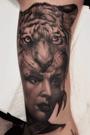 Photorealistic female warrior with tiger head 