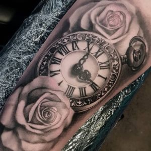 Pocket watch and roses the other week Follow my Instagram @sinclairtattoos 
