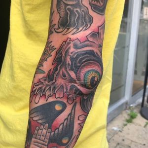 Drawn on mutated smashed up skull on Reece's elbow