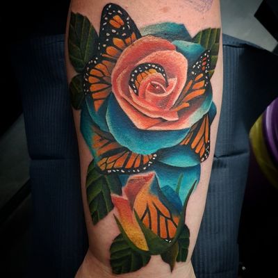Butterfly rose morph #butterfly #butterflytattoo #rosetattoo #roses #rose #rosemorph #colourtattoo #colour #eternalink #fusion #tattoo #tattoos #tattooist #tattooartist #point2point #tattoostudio #erith #kent #southlondon #realism 