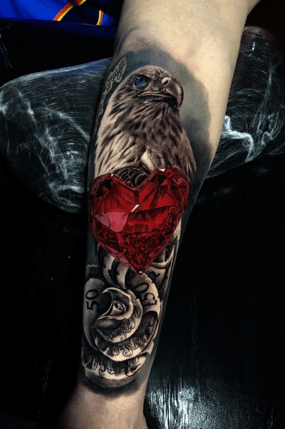 #eagle #diamond #heart #rose #blackandgreytattoo 