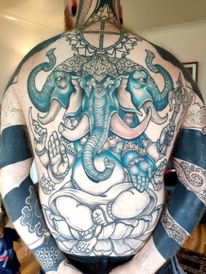 Ganesha in progress for my friend Peter Madsen (blackhandnomad) design and line work done by Matt Buck. Color and shading by me. Also I am working on Peter's arm too. This project will take us ages but you get the idea! #wip #backpiecetattoo #backpiece #neotraditionaltattoos #neotraditional #illustrationtattoo #berlin #berlintattoo #berlinink  #newtraditional #colortattoos 