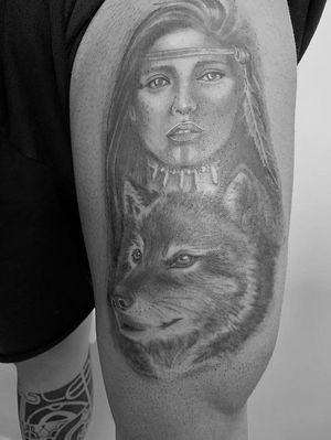 American native woman and wolf